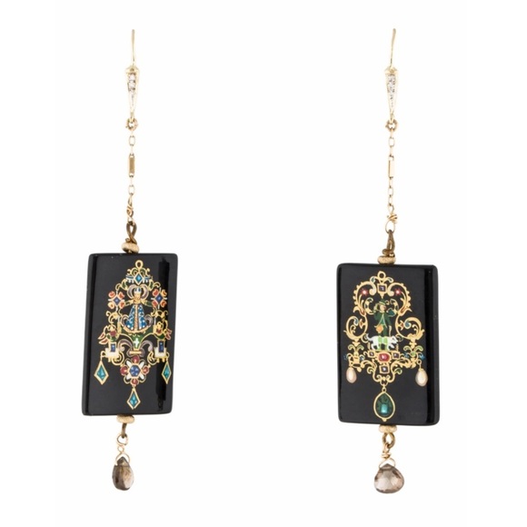 Russian Antique Jewelry - 14K Diamond & Black Enamel Drop Earrings, Collector’s Piece. EARRI0706-ID